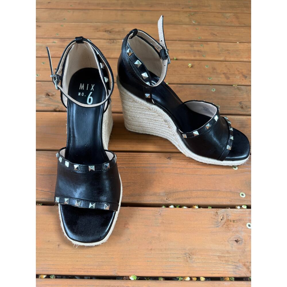 Mix No. 6 Dreamm Espadrille Wedge Sandals - Women's 8.5 - Black Beige Studded
